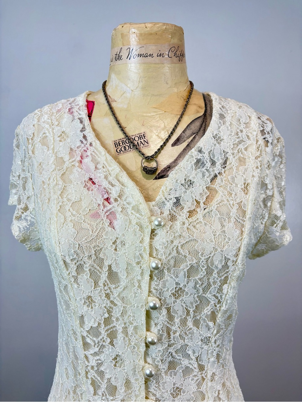 VTG 1990s Ivory Lace Button-Front Dress w/Tie Back